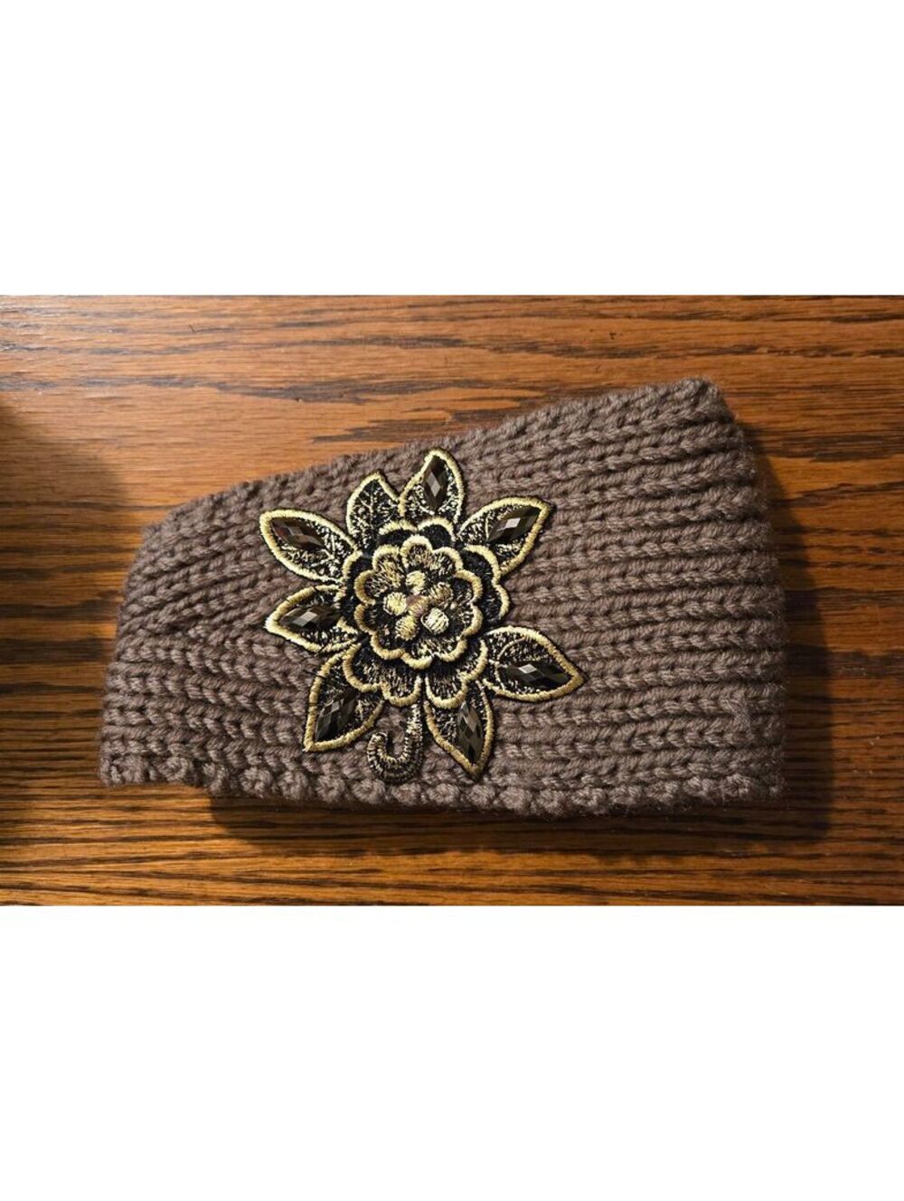 Brown Knit Ear Warmer Headband Floral Applique Beaded Boho Winter Hair Accessory